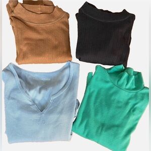 American Eagle Ribbed Long Sleeve Crop Tops XS Mock Neck & V-Neck Bundle LOT Set